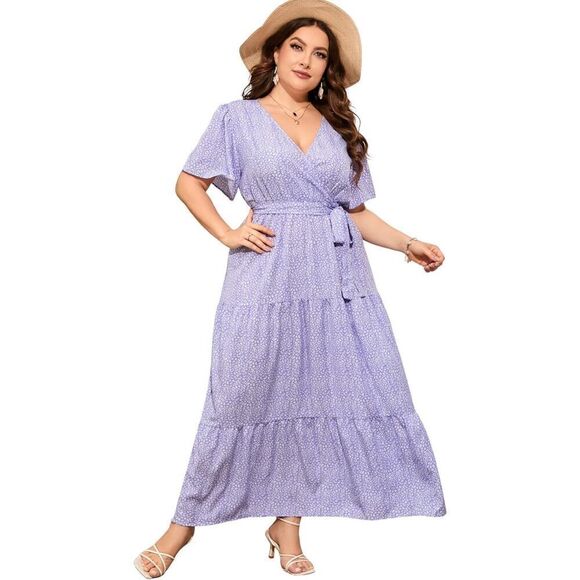 NEW Floral V Neck Wrap Maxi High Waist Ruffle Dress Belt 2X - Picture 1 of 5